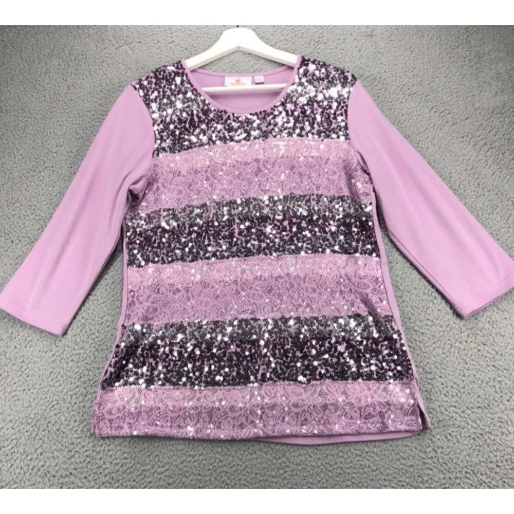 QUACKER Factory Top Size MEDIUM Purple Sequins and Lace Front 3/4 Sleeve